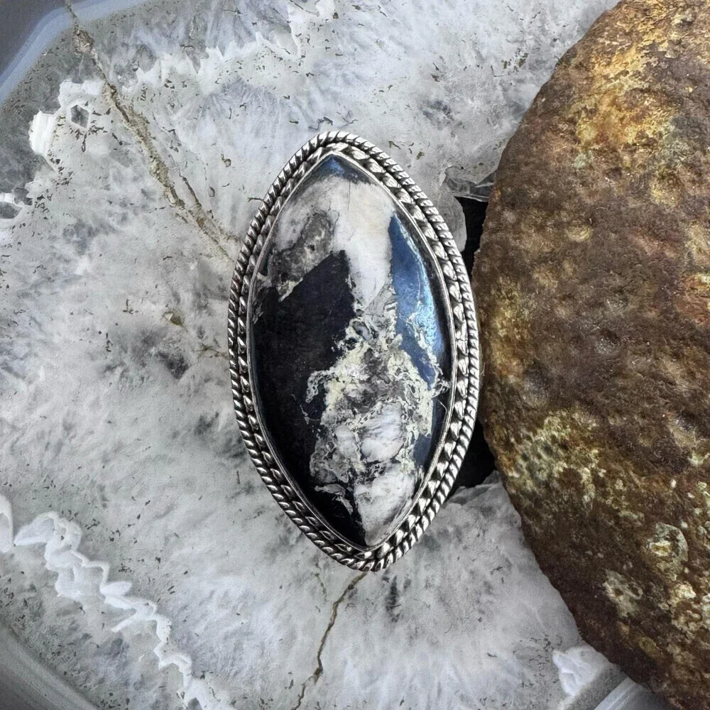 Sterling Silver Southwestern Style Marquise Covellite Ring Size 9.25 For Women
